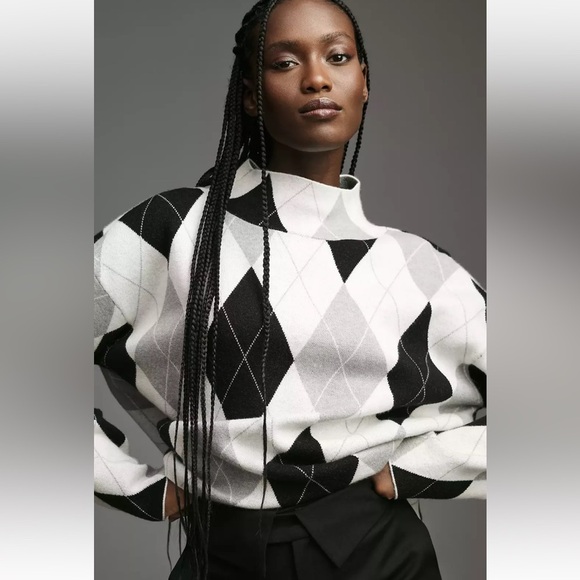 Anthropologie x Maeve Cary’s Mock Neck Argyle Pullover Sweater Size Small NWT - Picture 1 of 16